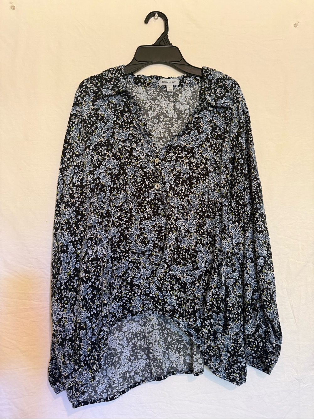 Lightweight Floral Button-Down Blouse in Black & Light Blue